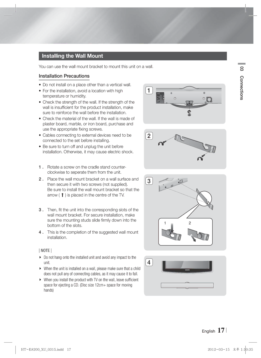 Samsung HT-E8200/EN, HT-E8200/XN, HT-E8200/ZF manual Installing the Wall Mount, Installation Precautions, Connections English 