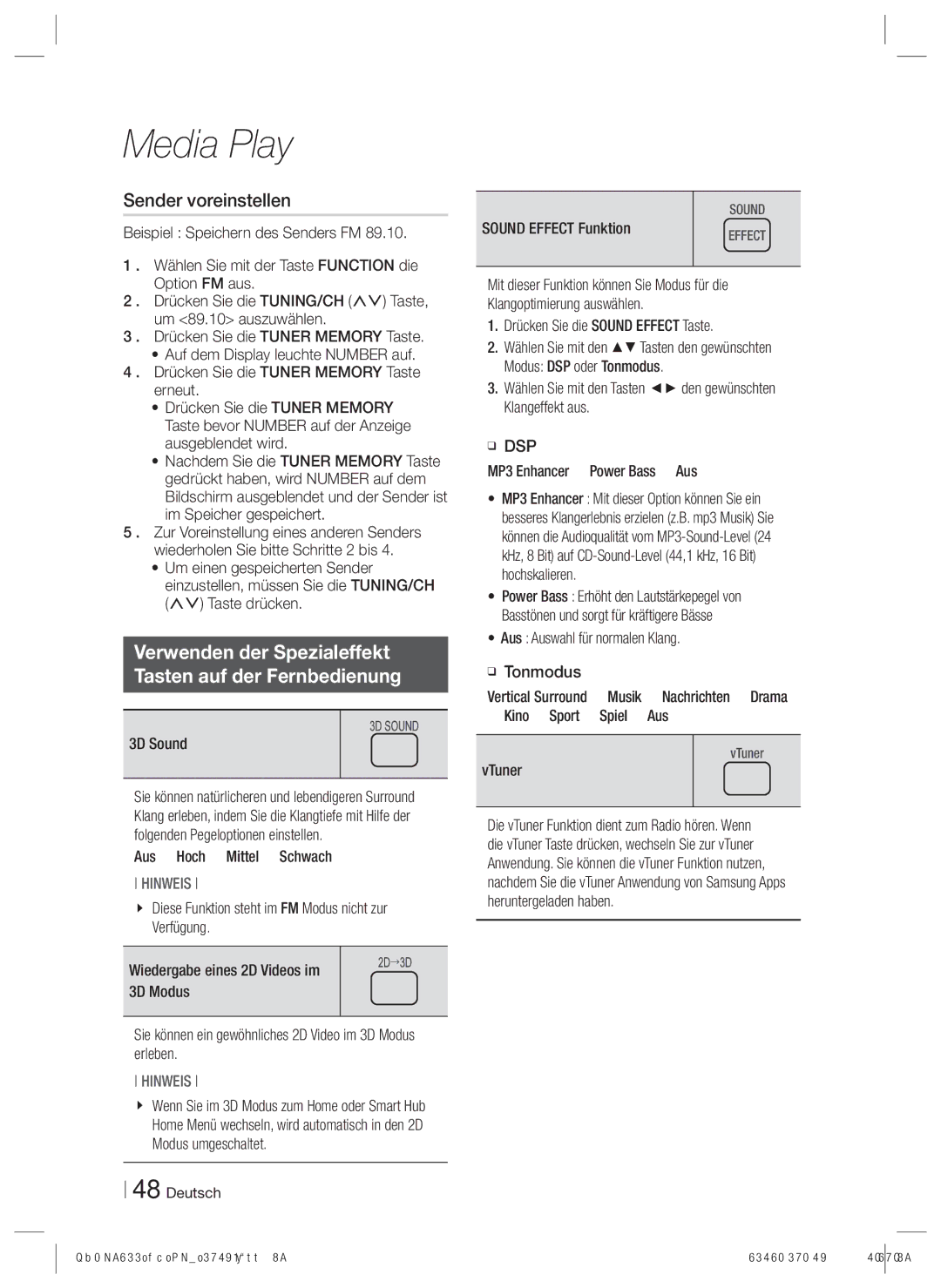 Samsung HT-E8200/ZF, HT-E8200/XN manual Sender voreinstellen, Verwenden der Spezialeffekt Tasten auf der Fernbedienung 