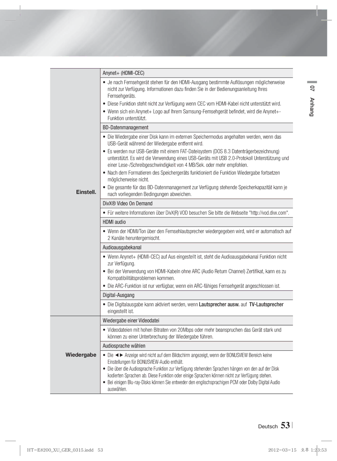 Samsung HT-E8200/XE, HT-E8200/XN, HT-E8200/EN, HT-E8200/ZF manual Einstell 