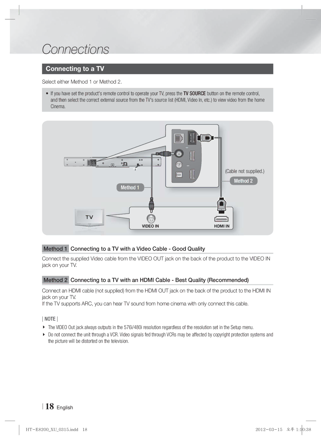 Samsung HT-E8200/ZF, HT-E8200/XN, HT-E8200/EN, HT-E8200/XE manual Connecting to a TV, Cable not supplied 