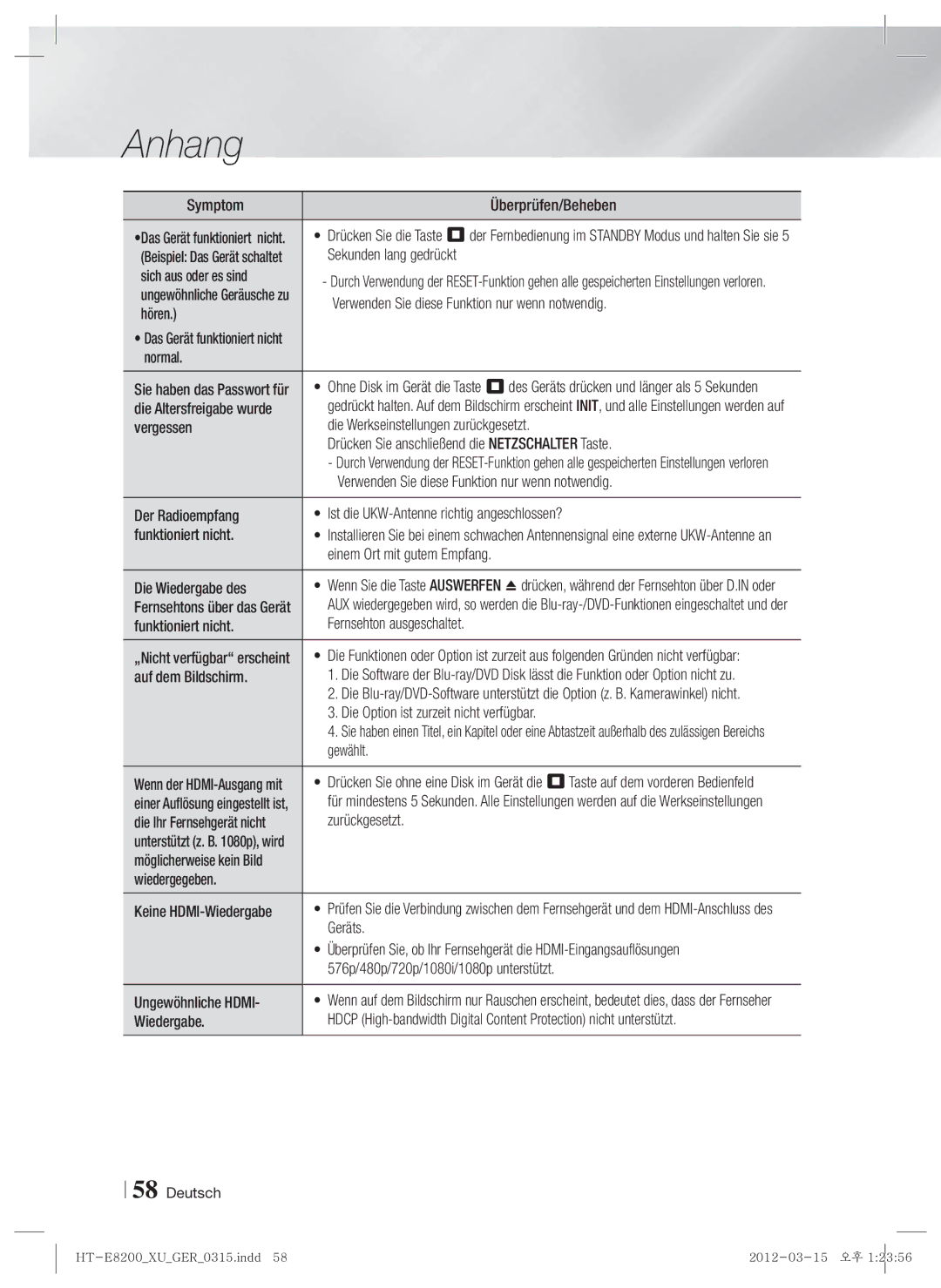 Samsung HT-E8200/XN manual Symptom Überprüfen/Beheben, Sekunden lang gedrückt, Sich aus oder es sind, Hören, Normal, Geräts 