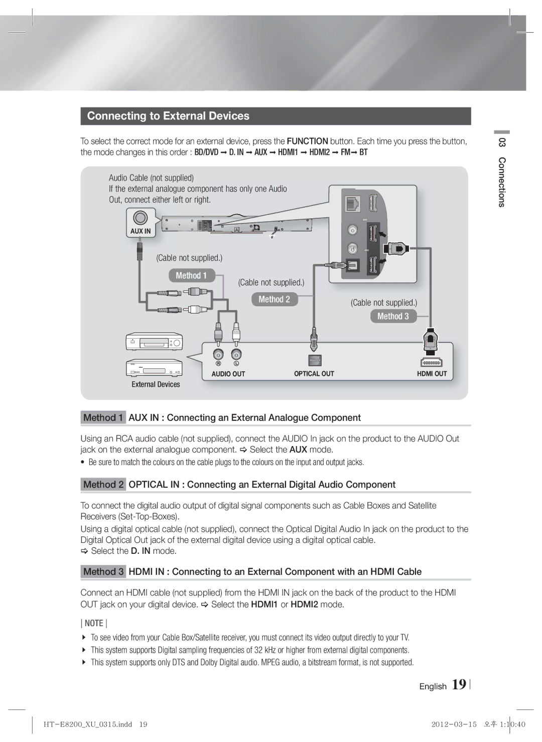 Samsung HT-E8200/XE, HT-E8200/XN, HT-E8200/EN, HT-E8200/ZF manual Connecting to External Devices 