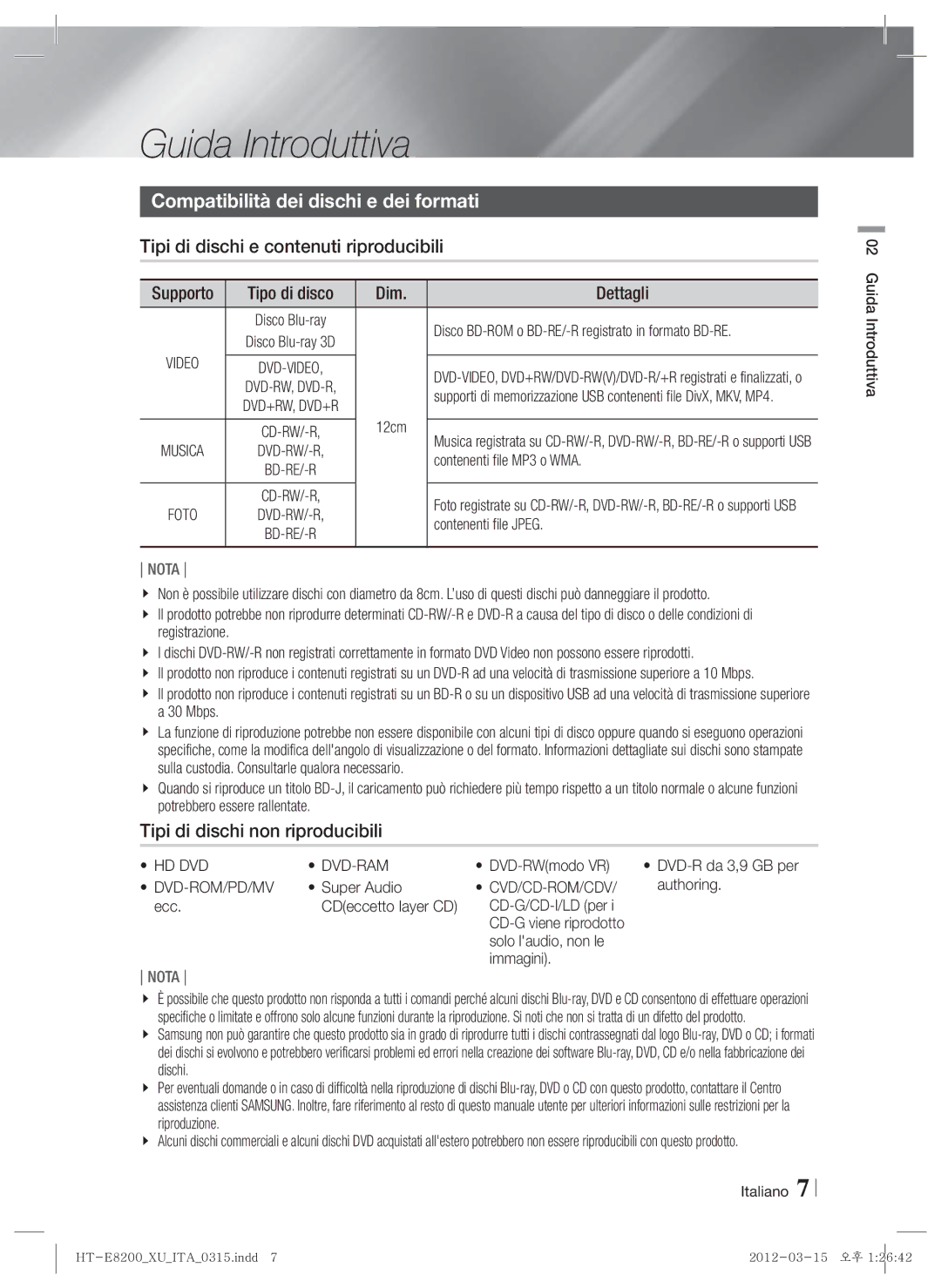 Samsung HT-E8200/ZF Guida Introduttiva, Compatibilità dei dischi e dei formati, Tipi di dischi e contenuti riproducibili 