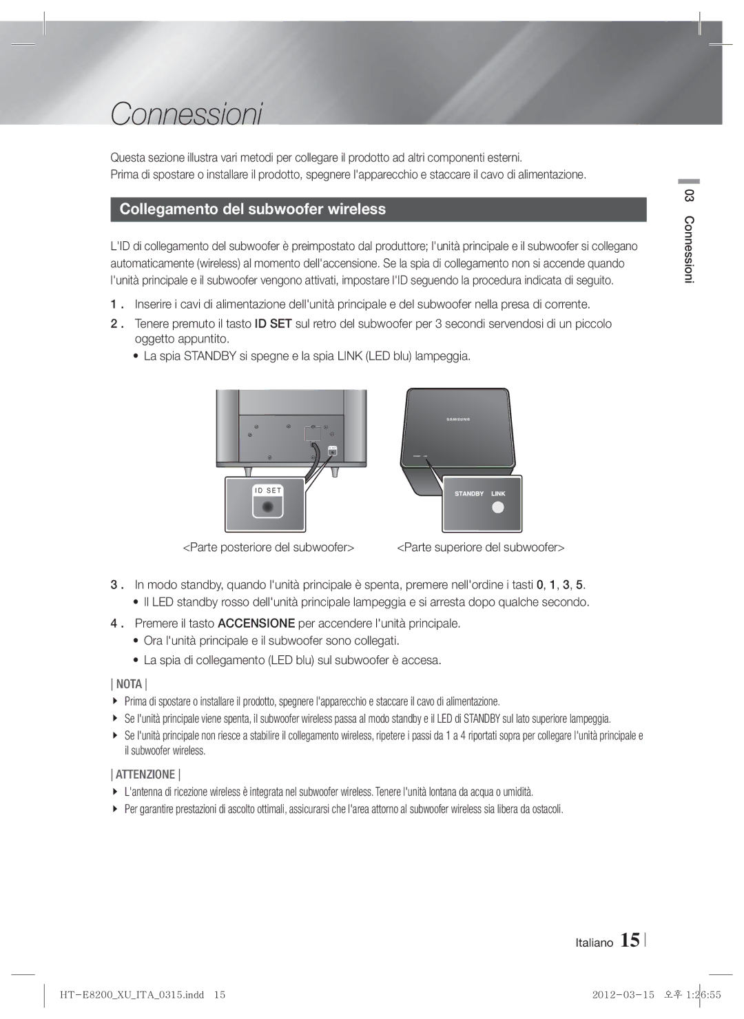 Samsung HT-E8200/ZF manual Collegamento del subwoofer wireless, Parte posteriore del subwoofer, Italiano Connessioni 