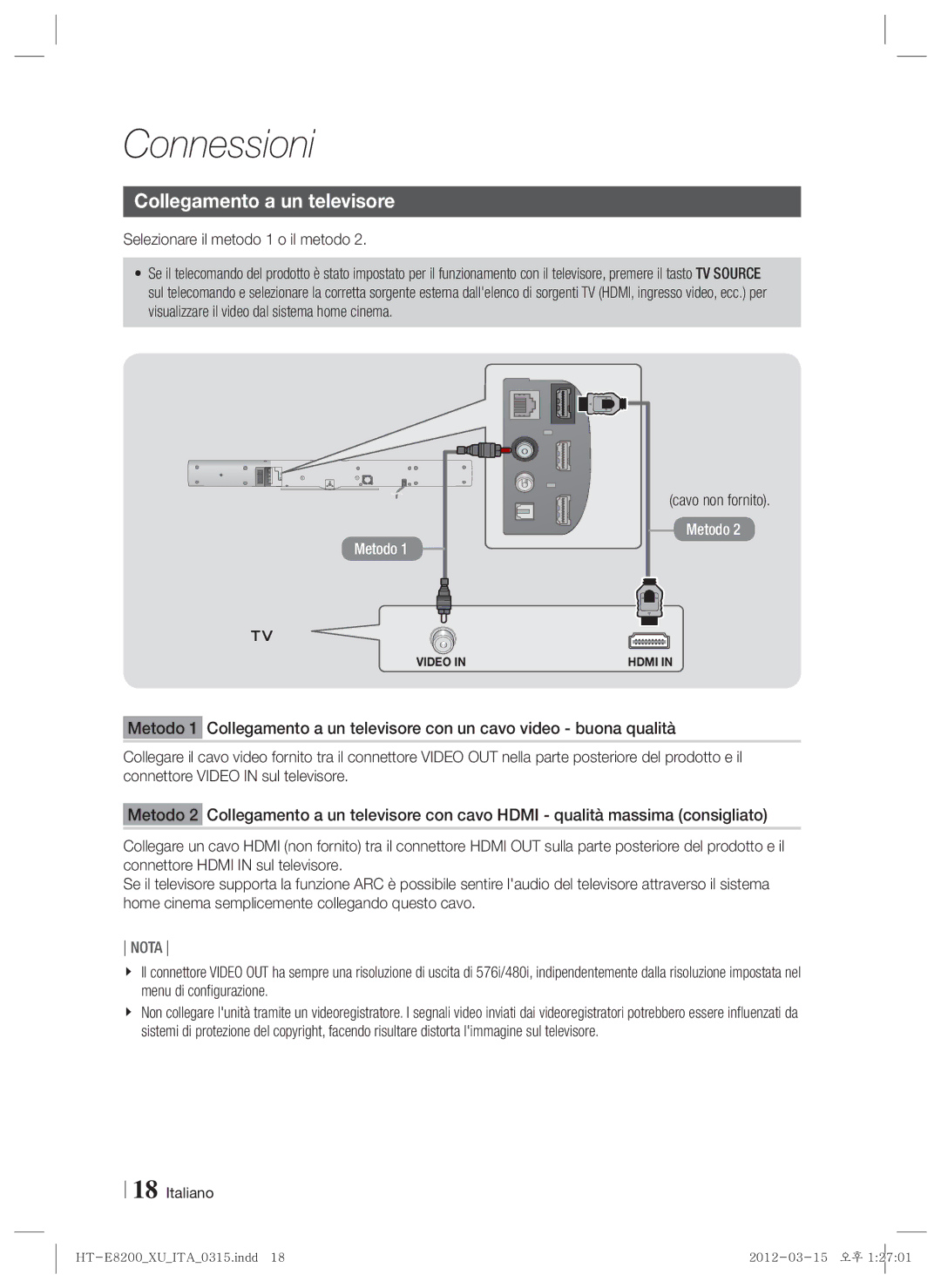 Samsung HT-E8200/EN, HT-E8200/XN manual Collegamento a un televisore, Selezionare il metodo 1 o il metodo, Cavo non fornito 