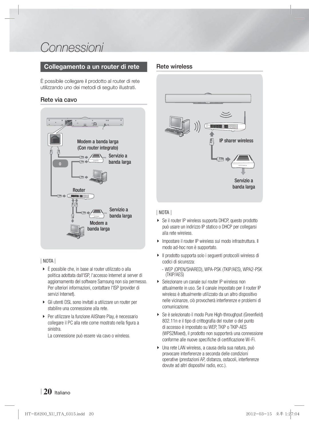 Samsung HT-E8200/XE Collegamento a un router di rete, Rete via cavo, Servizio a Banda larga Router Banda larga Modem a 