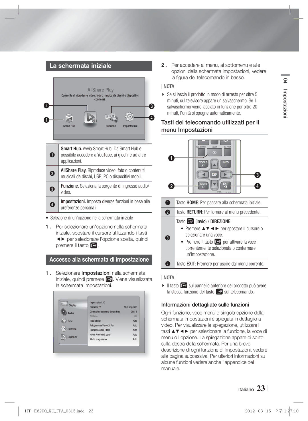 Samsung HT-E8200/ZF, HT-E8200/XN manual La schermata iniziale, Tasti del telecomando utilizzati per il, Menu Impostazioni 