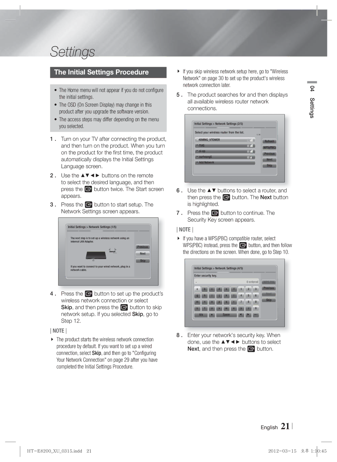 Samsung HT-E8200/EN manual Initial Settings Procedure, Access steps may differ depending on the menu you selected 