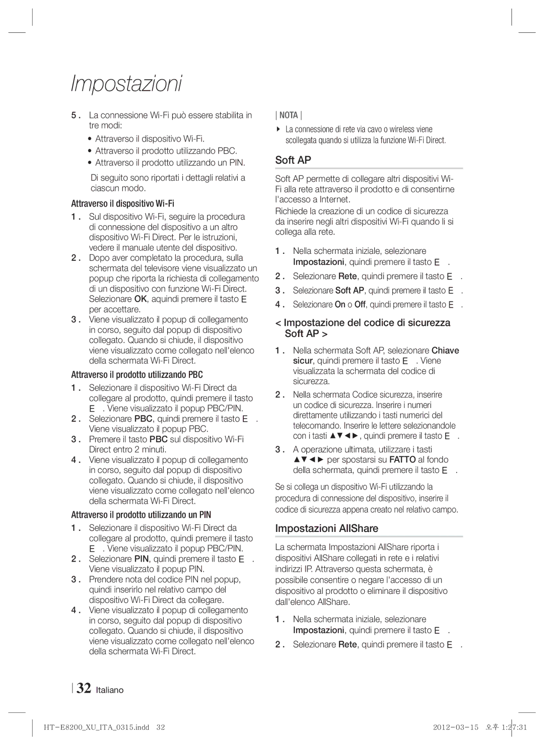 Samsung HT-E8200/XE, HT-E8200/XN, HT-E8200/EN manual Impostazioni AllShare, Impostazione del codice di sicurezza Soft AP 