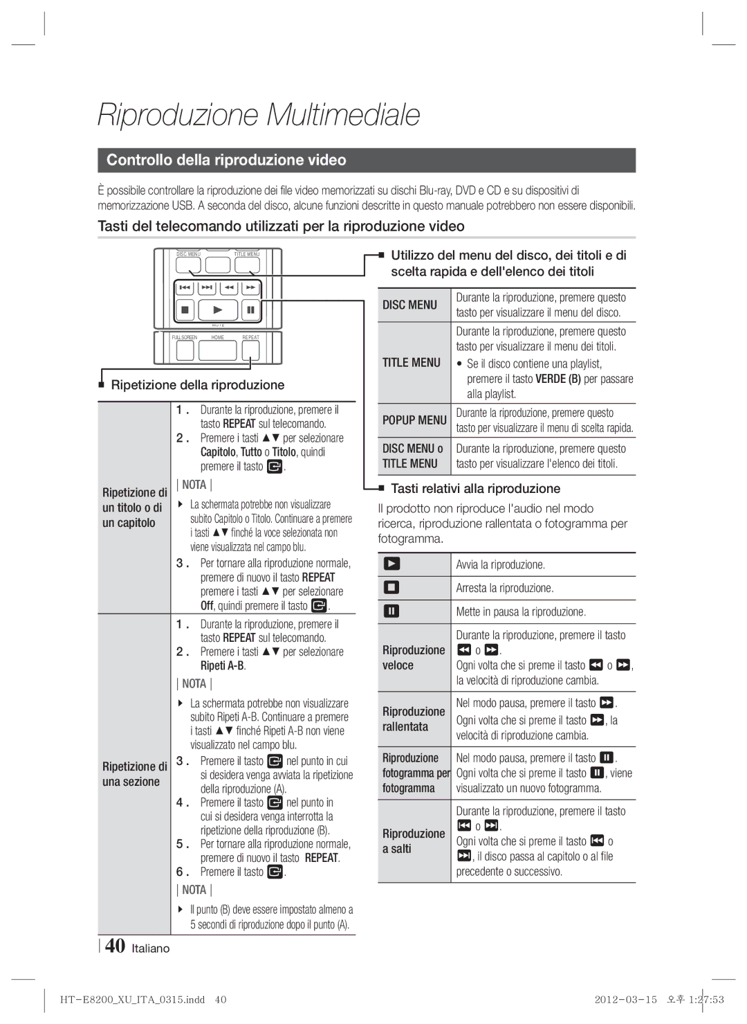 Samsung HT-E8200/XE manual Controllo della riproduzione video, Tasti del telecomando utilizzati per la riproduzione video 