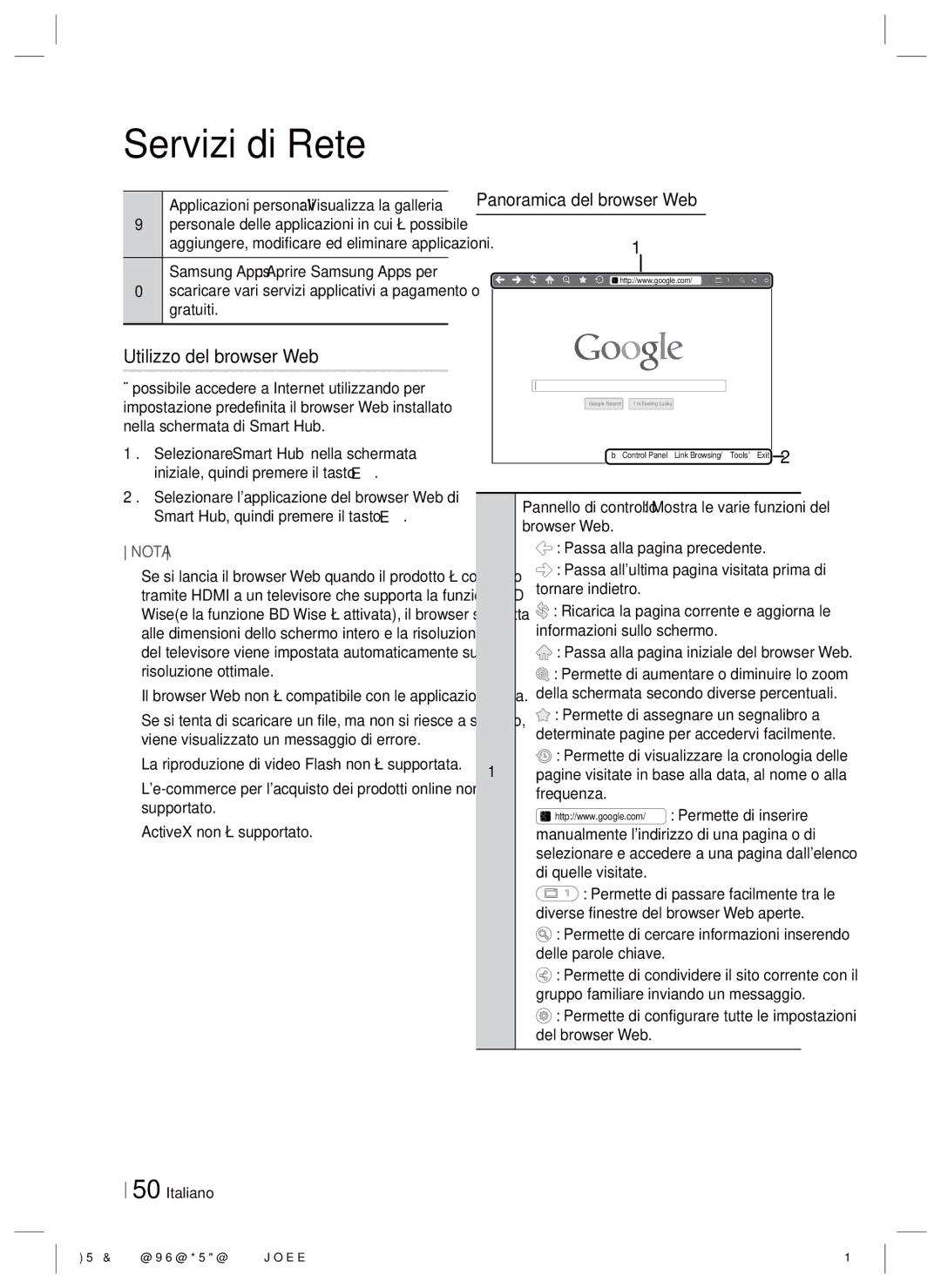 Samsung HT-E8200/EN manual Utilizzo del browser Web, Panoramica del browser Web, Passa alla pagina iniziale del browser Web 