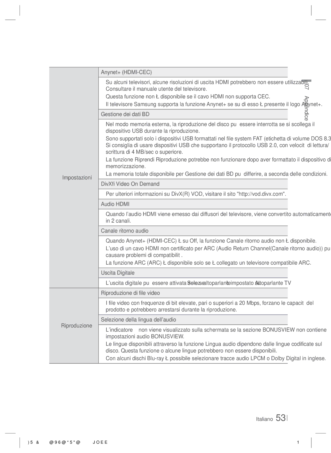 Samsung HT-E8200/XN, HT-E8200/EN, HT-E8200/ZF Impostazioni Riproduzione, Riproduzione di file video, Italiano Appendice 