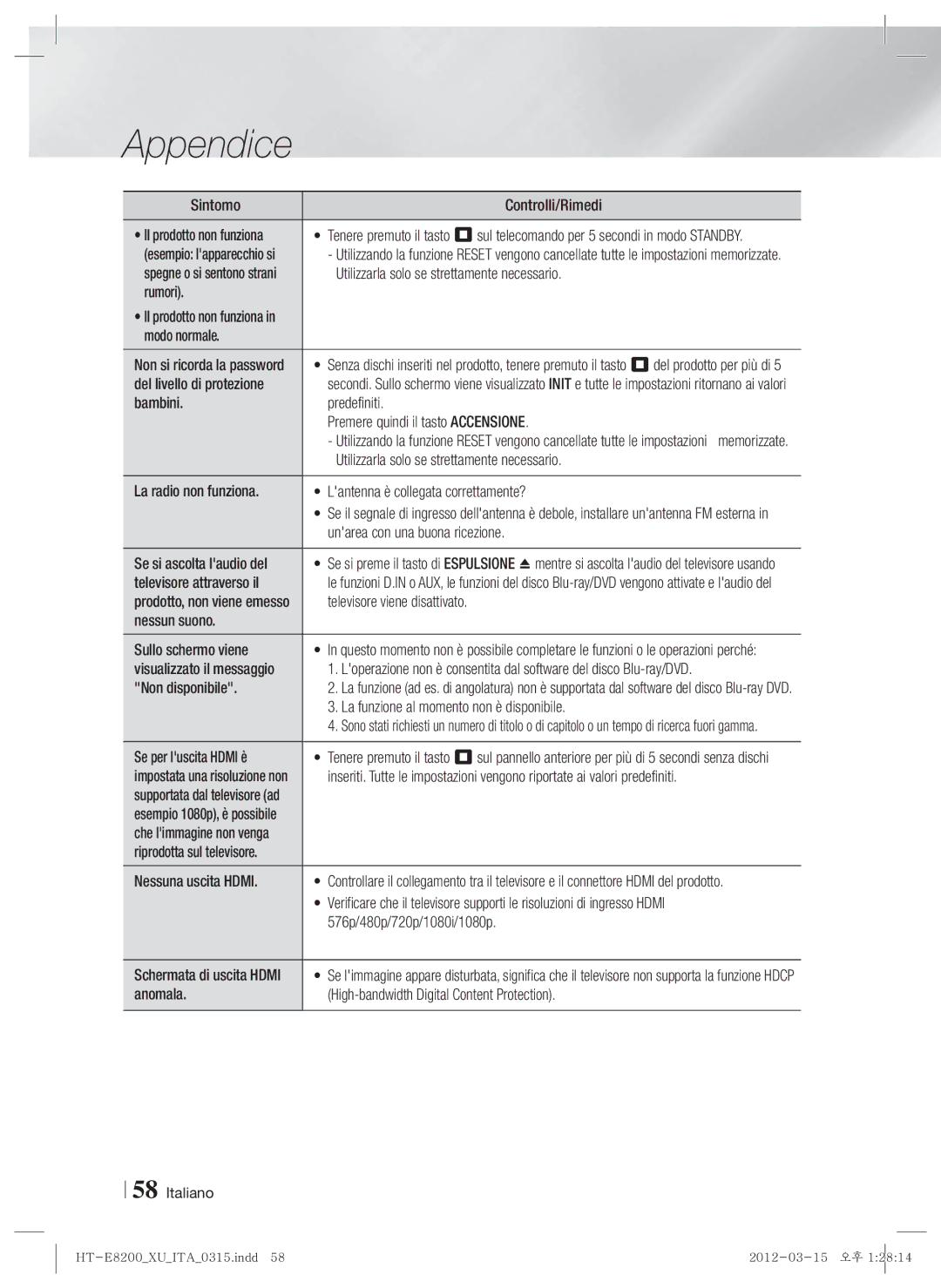 Samsung HT-E8200/EN manual Sintomo Controlli/Rimedi, Utilizzarla solo se strettamente necessario, Rumori, Modo normale 