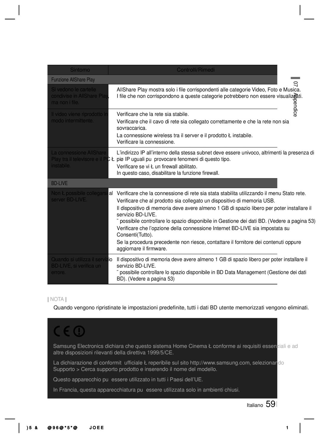 Samsung HT-E8200/ZF Ma non i file, Verificare che la rete sia stabile, Modo intermittente, Sovraccarica, Server BD-LIVE 