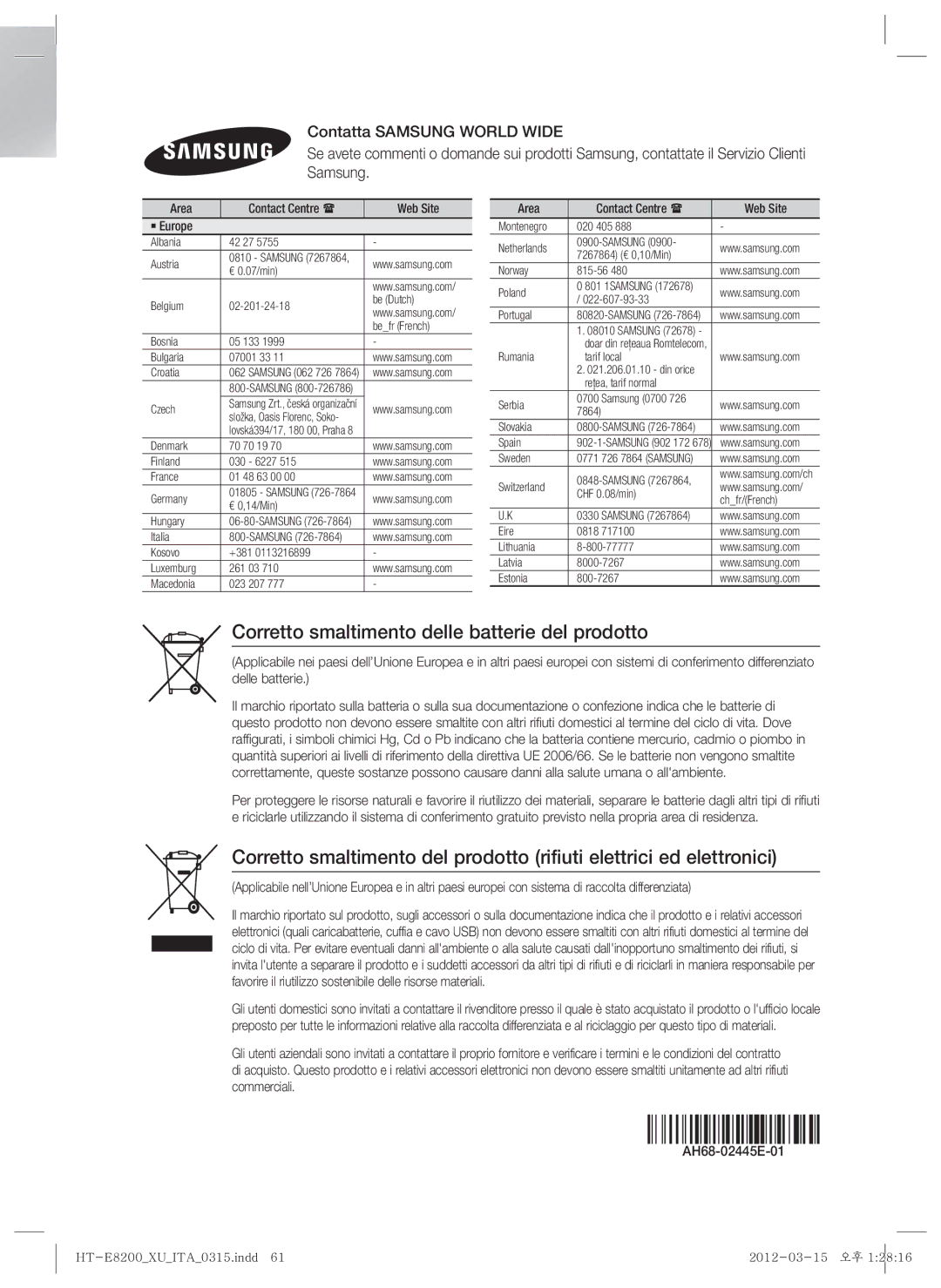 Samsung HT-E8200/XN, HT-E8200/EN Corretto smaltimento delle batterie del prodotto, Area Contact Centre  Web Site ` Europe 