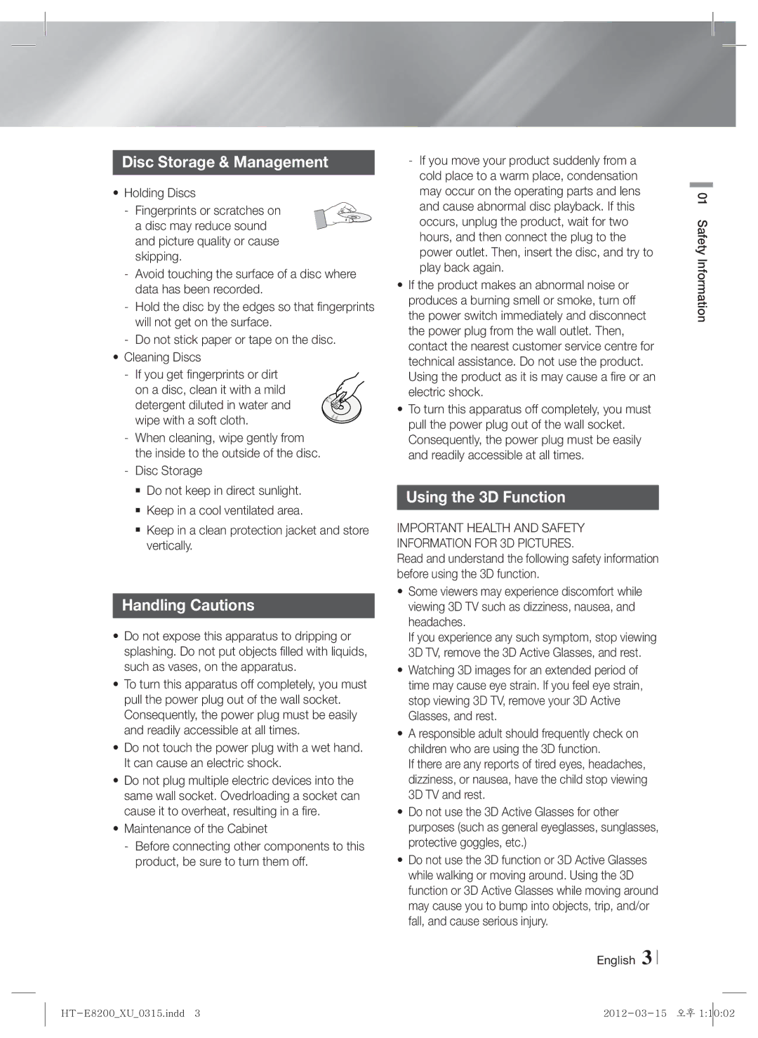 Samsung HT-E8200/XE manual Disc Storage & Management, Handling Cautions, Using the 3D Function, English Safety Information 