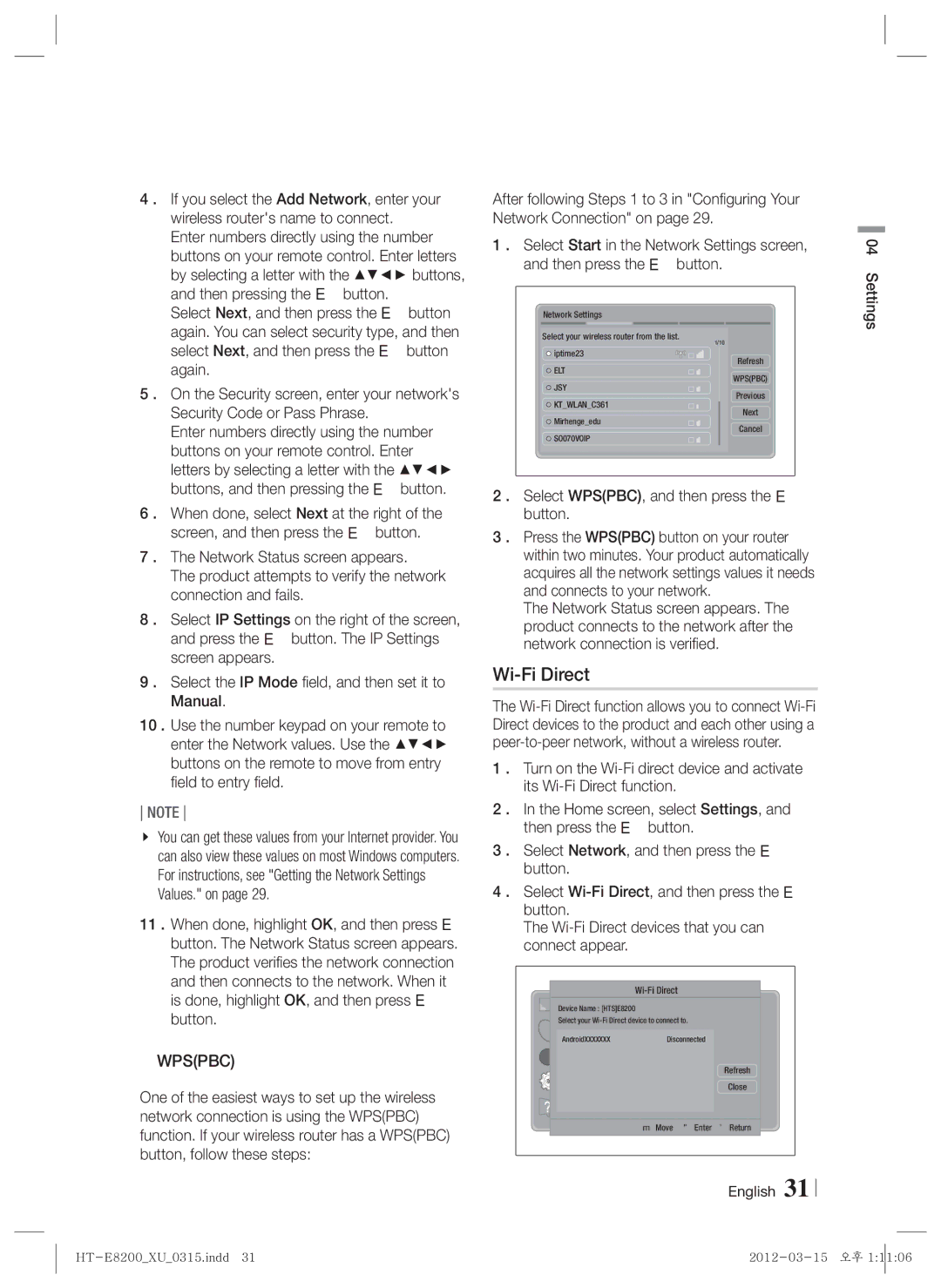 Samsung HT-E8200/XE, HT-E8200/XN, HT-E8200/EN, HT-E8200/ZF manual Wi-Fi Direct, Select WPSPBC, and then press the E button 