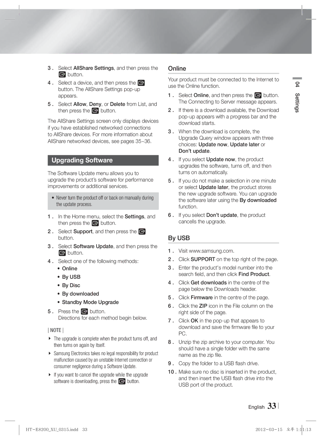 Samsung HT-E8200/EN, HT-E8200/XN, HT-E8200/ZF manual Upgrading Software, Online, By USB, Click Support on the top right 