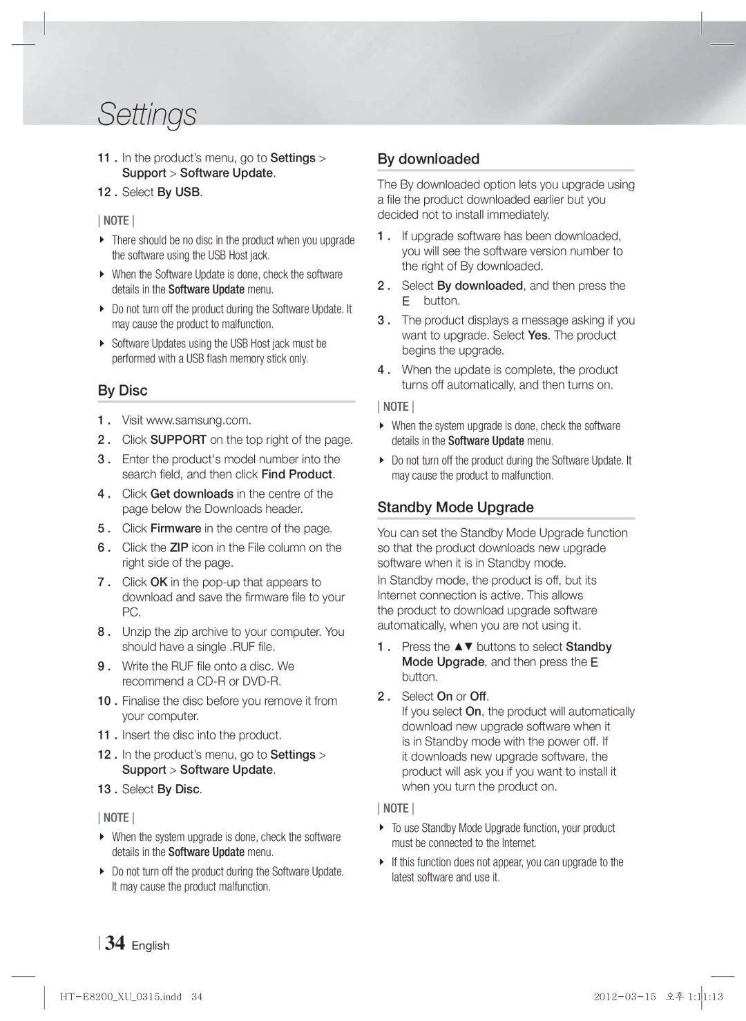 Samsung HT-E8200/ZF, HT-E8200/XN, HT-E8200/EN, HT-E8200/XE manual By Disc, By downloaded, Standby Mode Upgrade 