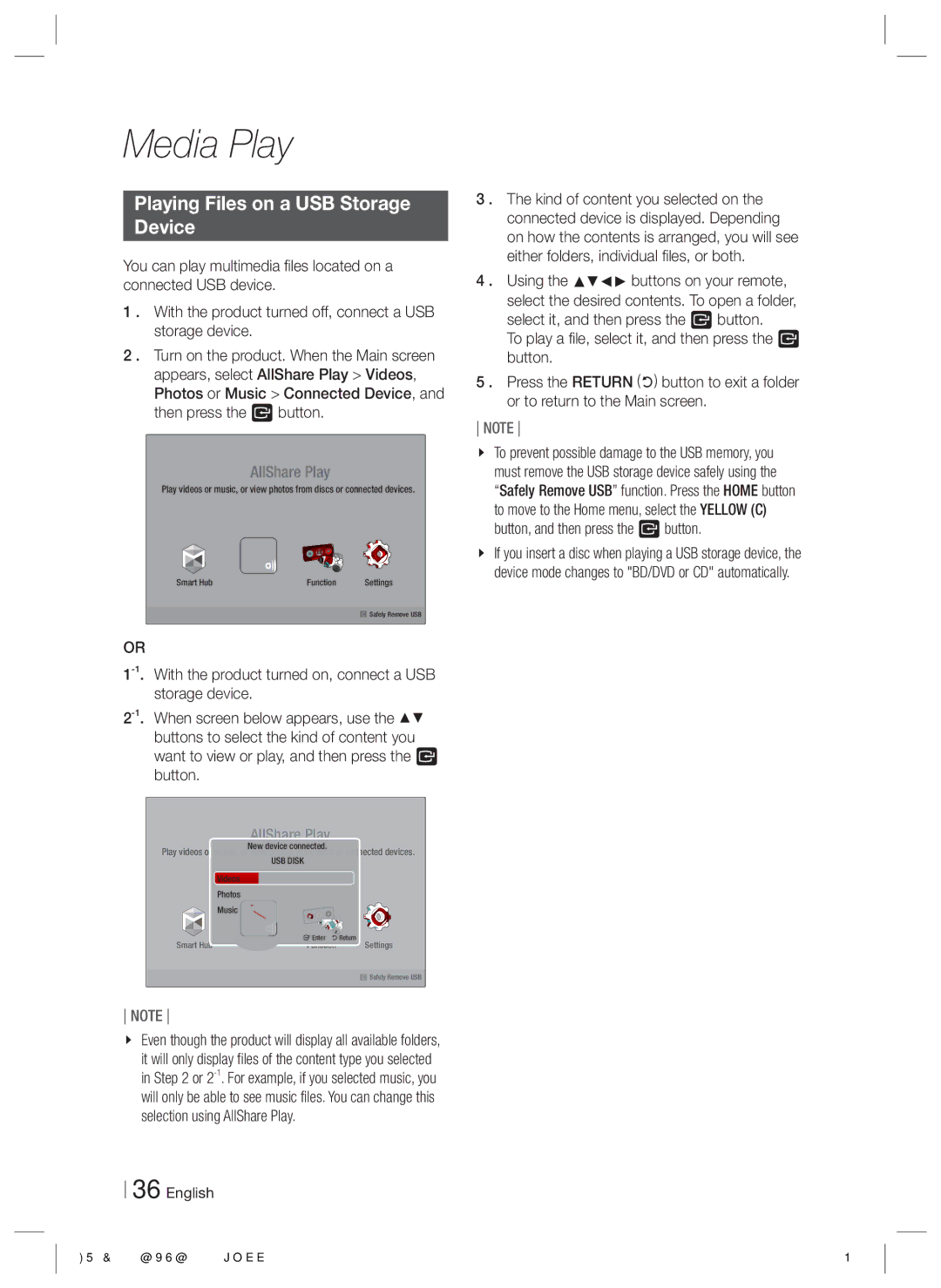 Samsung HT-E8200/XN, HT-E8200/EN, HT-E8200/ZF, HT-E8200/XE manual Playing Files on a USB Storage Device, AllShare Play 