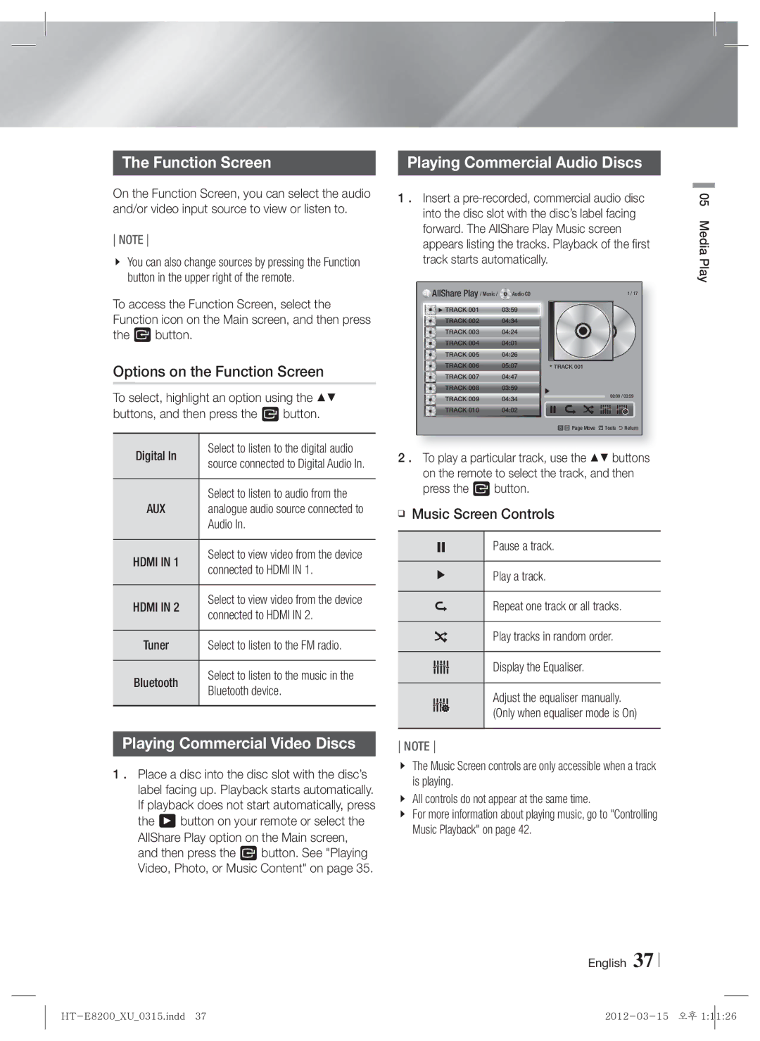 Samsung HT-E8200/EN Options on the Function Screen, Playing Commercial Audio Discs, Playing Commercial Video Discs 