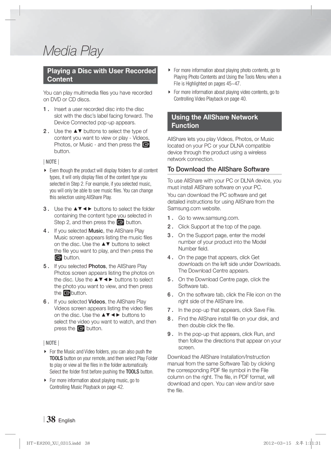 Samsung HT-E8200/ZF, HT-E8200/XN manual Playing a Disc with User Recorded Content, Using the AllShare Network Function 
