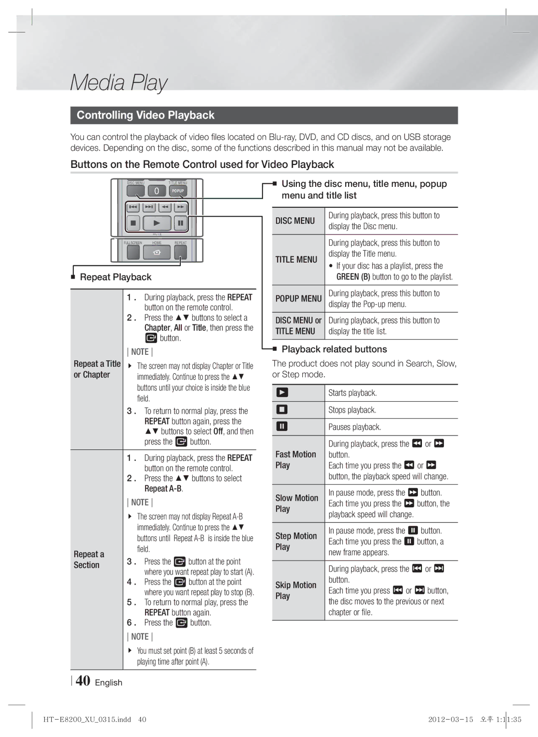 Samsung HT-E8200/XN manual Controlling Video Playback, Buttons on the Remote Control used for Video Playback, Disc Menu 