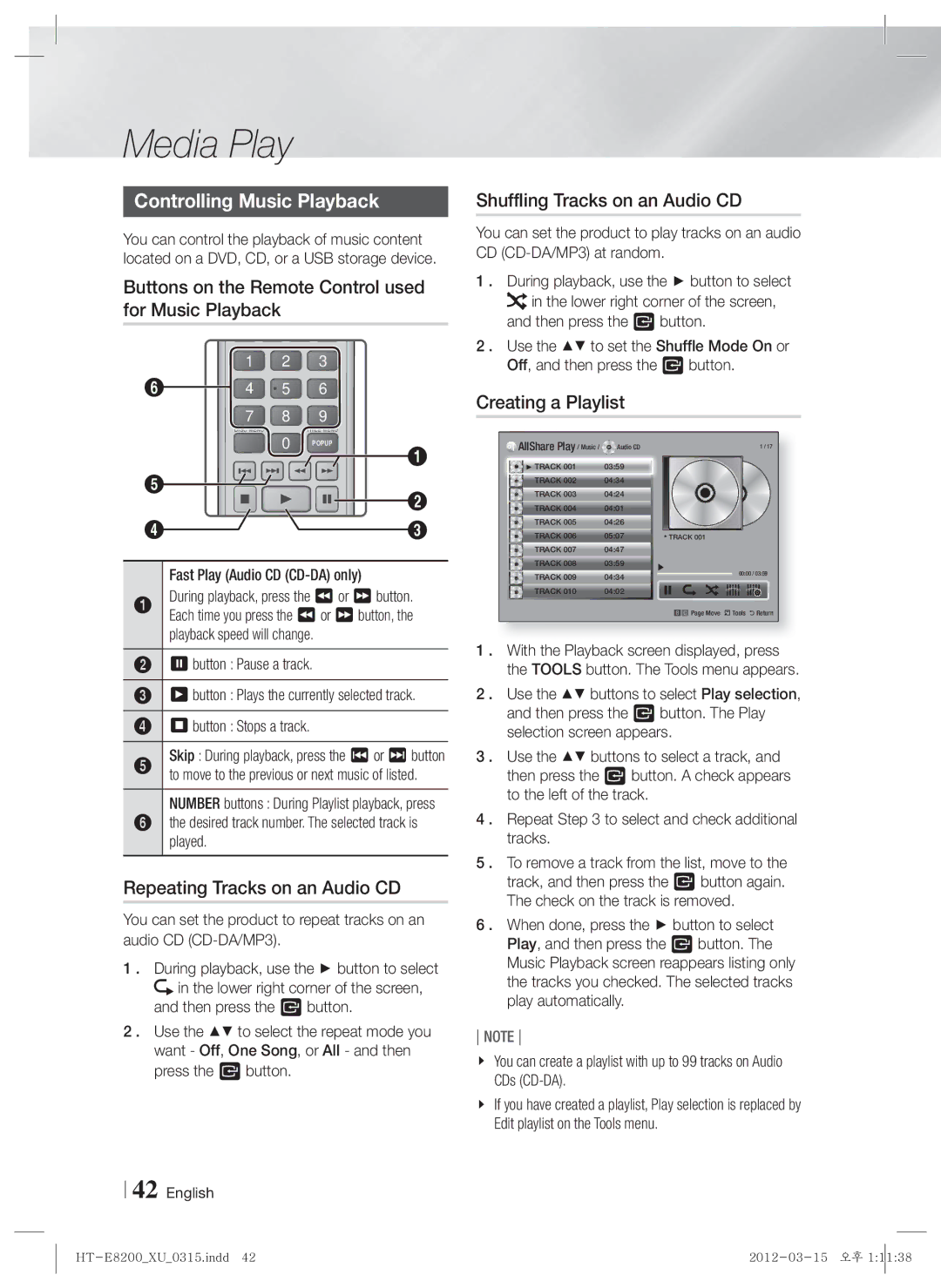 Samsung HT-E8200/ZF Controlling Music Playback, Buttons on the Remote Control used for Music Playback, Creating a Playlist 