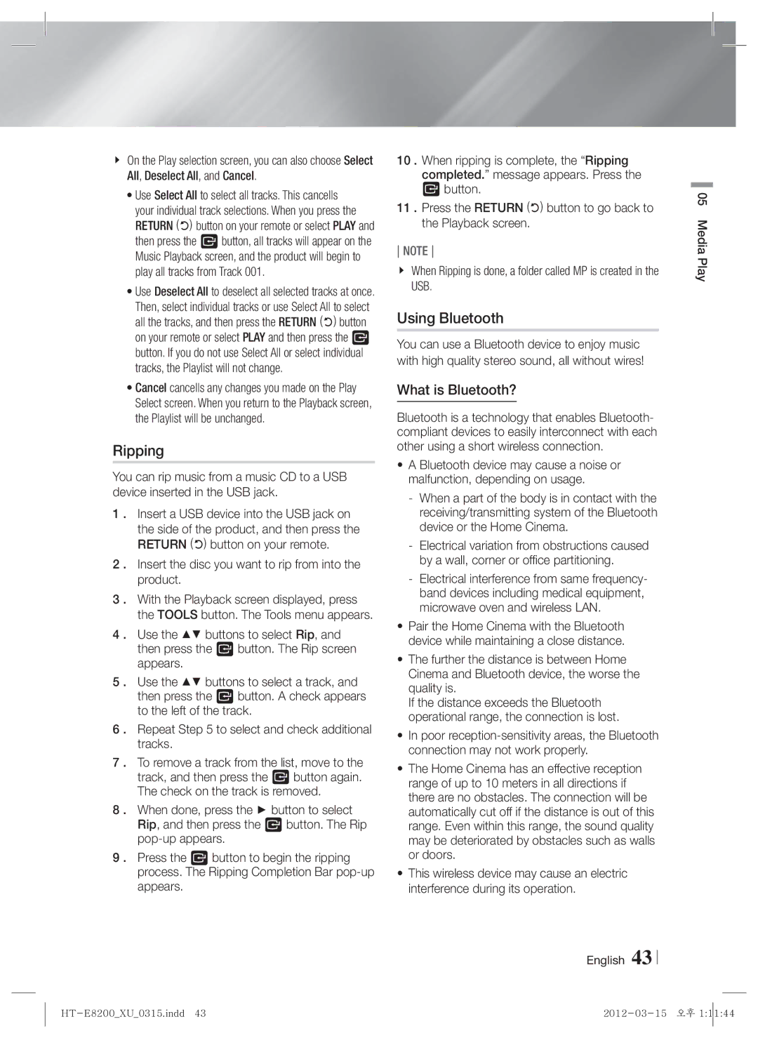 Samsung HT-E8200/XE, HT-E8200/XN, HT-E8200/EN, HT-E8200/ZF manual Ripping, Using Bluetooth, What is Bluetooth? 