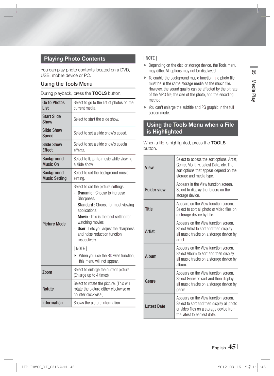 Samsung HT-E8200/EN, HT-E8200/XN, HT-E8200/ZF manual Playing Photo Contents, Using the Tools Menu when a File Is Highlighted 