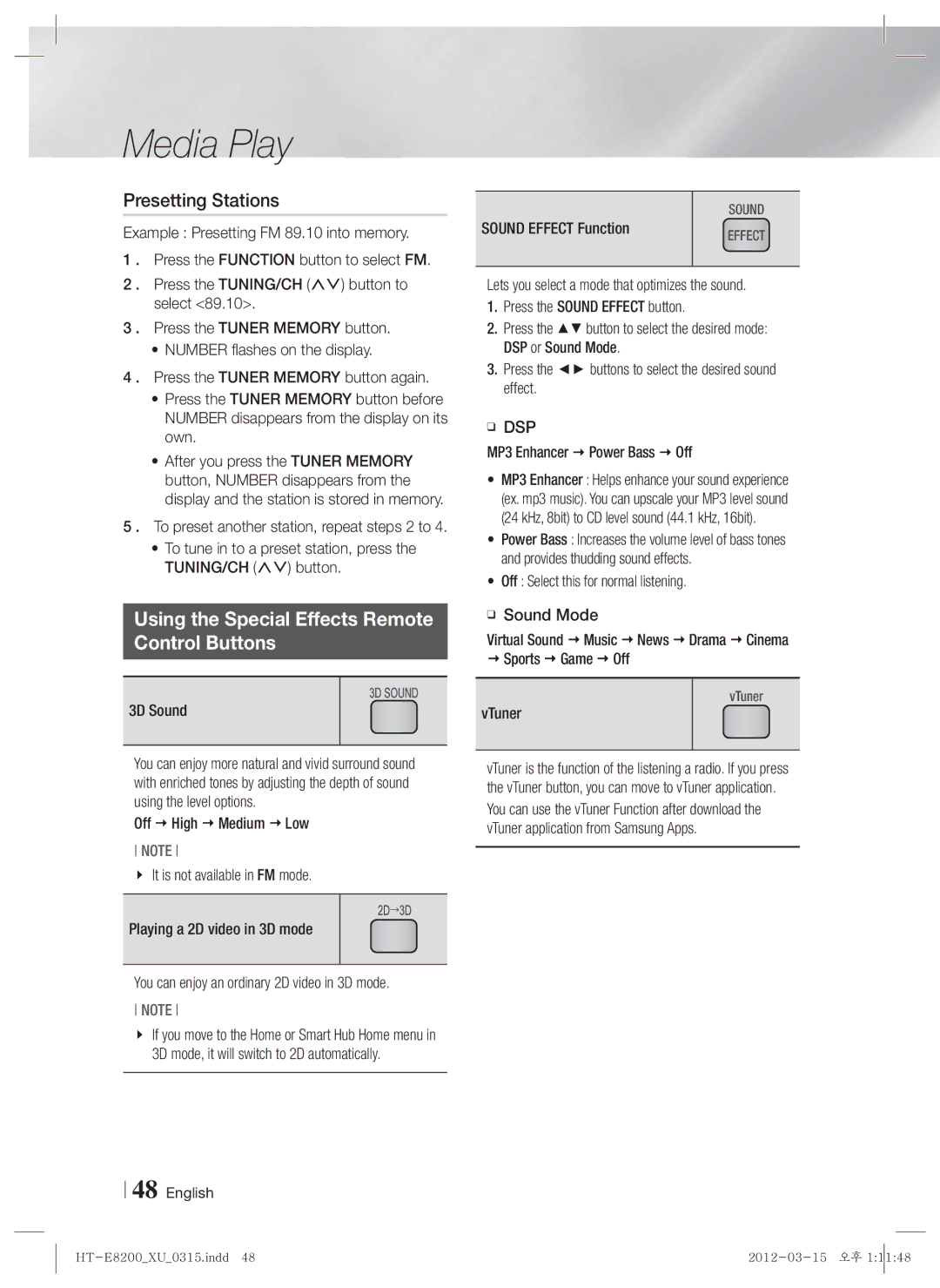 Samsung HT-E8200/XN, HT-E8200/EN, HT-E8200/ZF Presetting Stations, Using the Special Effects Remote Control Buttons, Dsp 