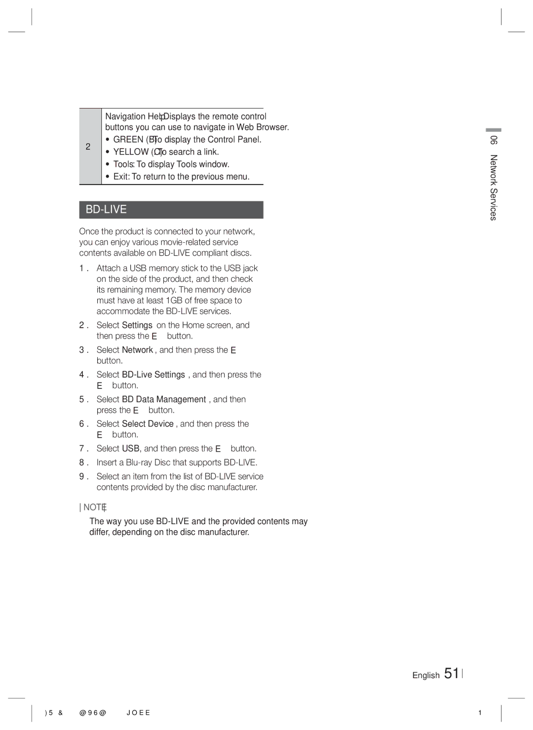 Samsung HT-E8200/XE, HT-E8200/XN, HT-E8200/EN, HT-E8200/ZF manual Bd-Live, Network Services English 