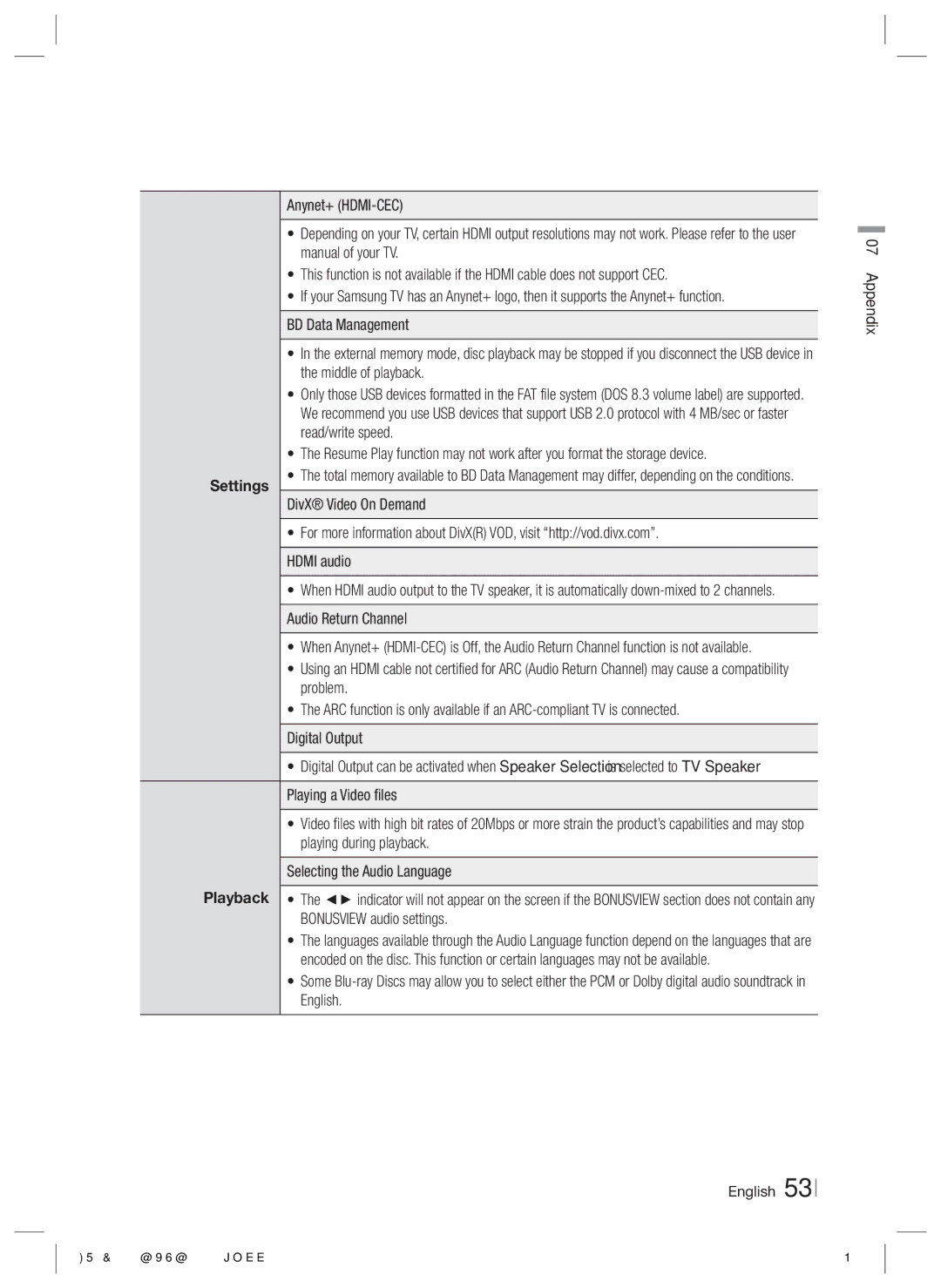 Samsung HT-E8200/EN, HT-E8200/XN, HT-E8200/ZF, HT-E8200/XE manual Settings, Audio Return Channel, Appendix 