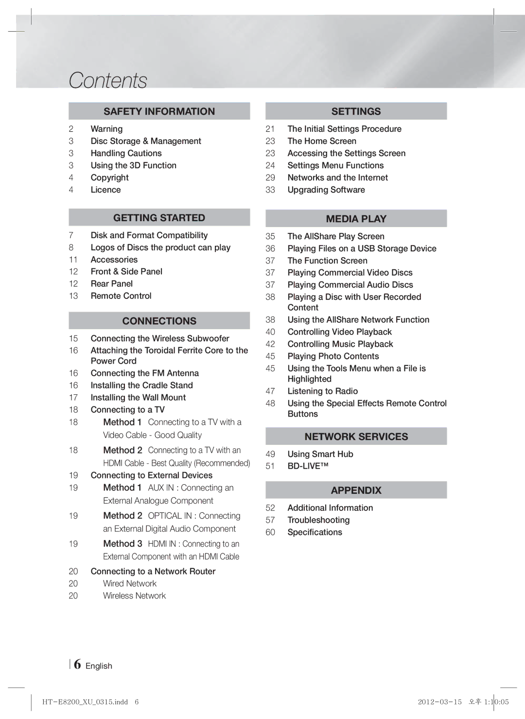 Samsung HT-E8200/ZF, HT-E8200/XN, HT-E8200/EN, HT-E8200/XE manual Contents 