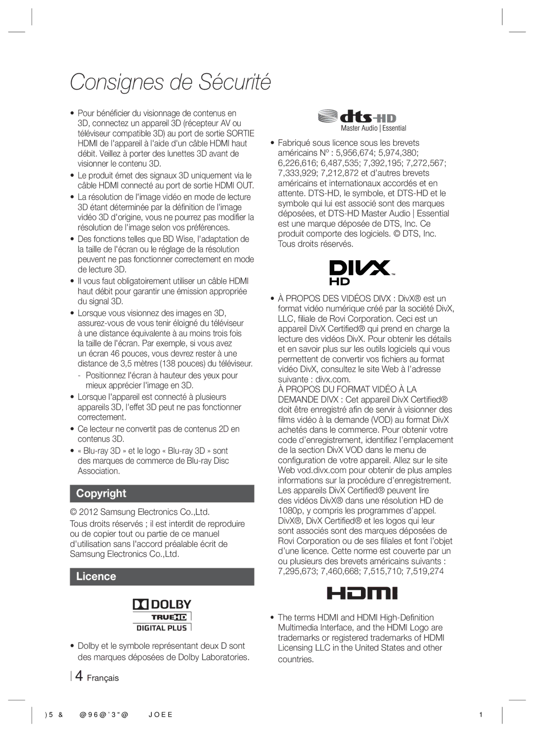 Samsung HT-E8200/EN, HT-E8200/XN, HT-E8200/ZF, HT-E8200/XE manual Copyright Licence 