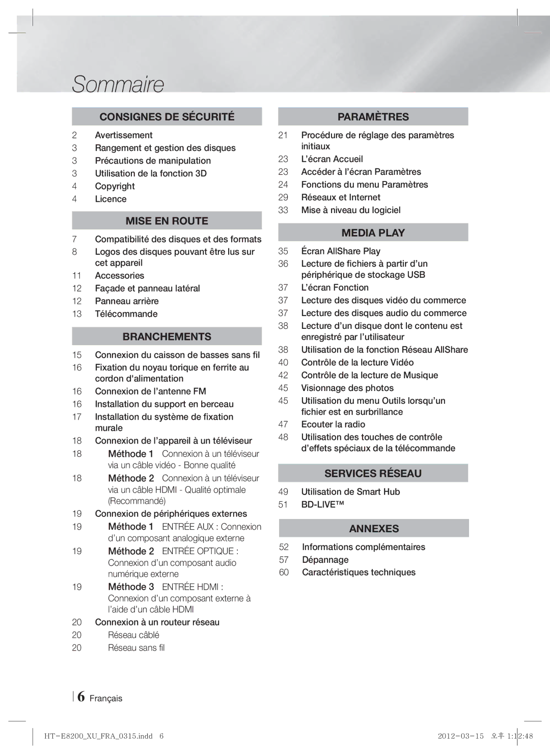 Samsung HT-E8200/XE, HT-E8200/XN, HT-E8200/EN, HT-E8200/ZF manual Sommaire, Utilisation de Smart Hub 