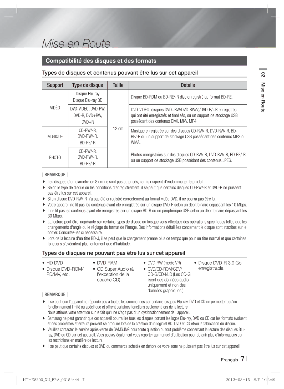 Samsung HT-E8200/XN, HT-E8200/EN manual Mise en Route, Compatibilité des disques et des formats, Support, Taille Détails 