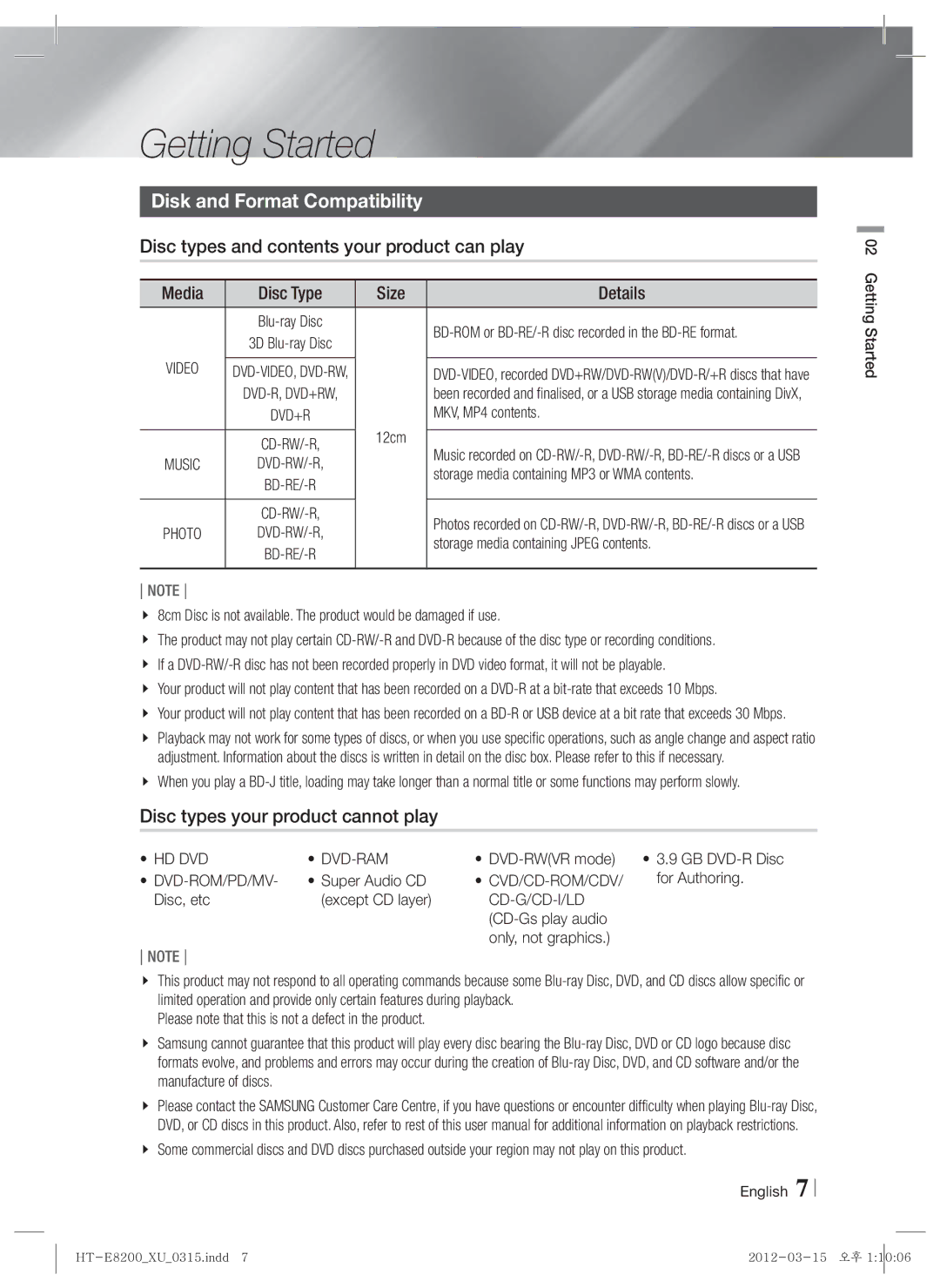 Samsung HT-E8200/XE manual Getting Started, Disk and Format Compatibility, Disc types and contents your product can play 