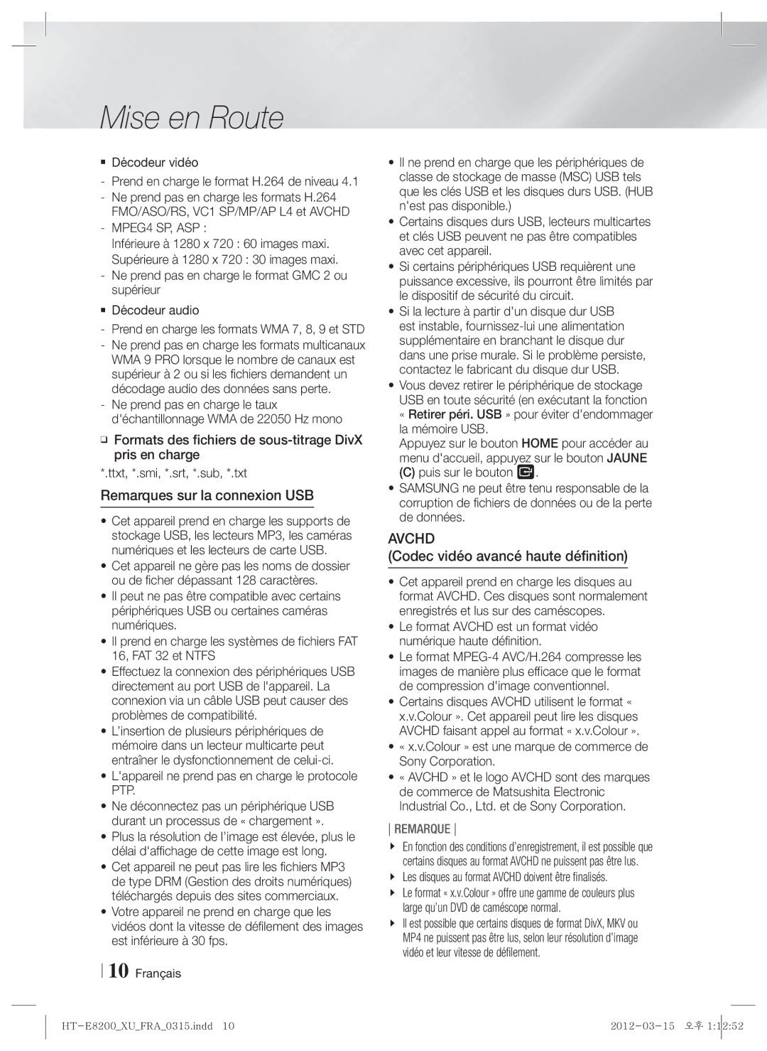 Samsung HT-E8200/XE, HT-E8200/XN, HT-E8200/EN manual Remarques sur la connexion USB, Codec vidéo avancé haute définition 