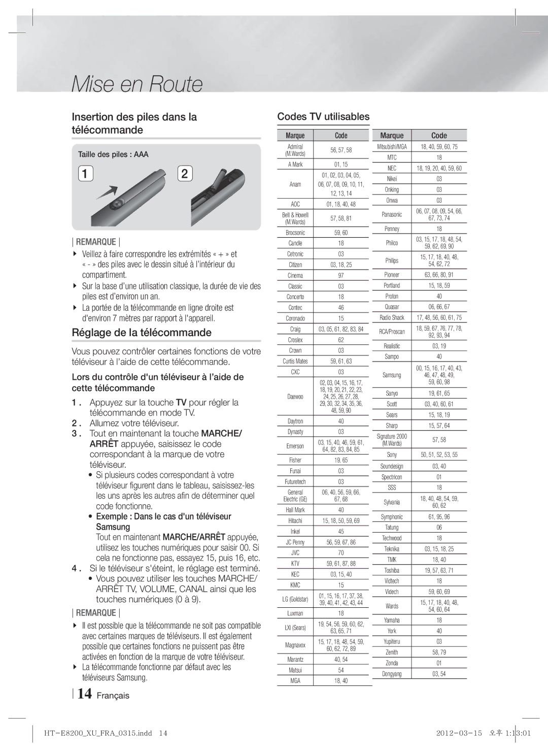 Samsung HT-E8200/XE manual Insertion des piles dans la télécommande, Réglage de la télécommande, Codes TV utilisables 