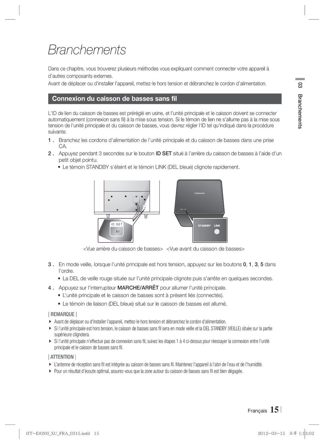 Samsung HT-E8200/XN, HT-E8200/EN, HT-E8200/ZF manual Connexion du caisson de basses sans fil, Français Branchements 