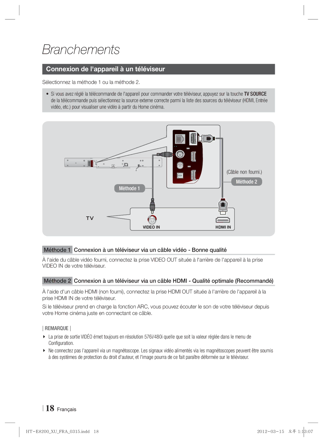 Samsung HT-E8200/XE Connexion de lappareil à un téléviseur, Sélectionnez la méthode 1 ou la méthode, Câble non fourni 