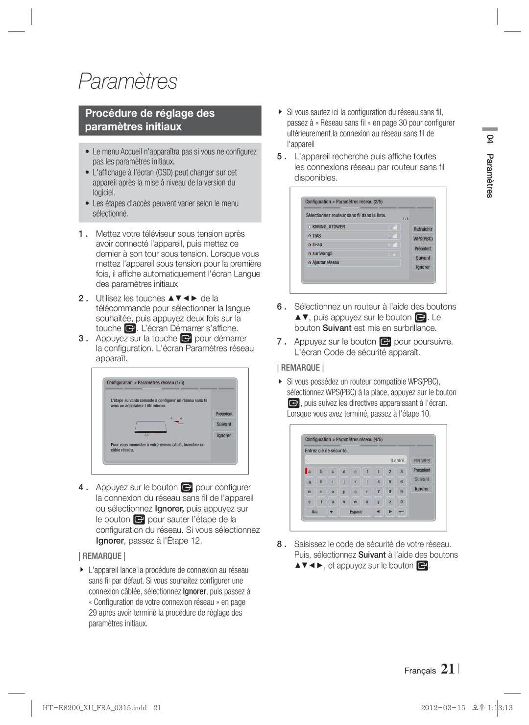 Samsung HT-E8200/ZF, HT-E8200/XN, HT-E8200/EN manual Procédure de réglage des Paramètres initiaux, Français Paramètres 