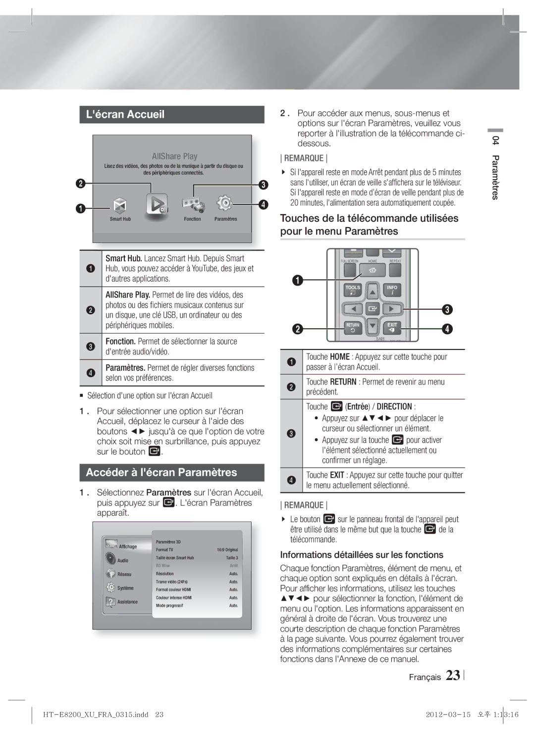 Samsung HT-E8200/XN, HT-E8200/EN, HT-E8200/ZF, HT-E8200/XE manual Lécran Accueil, Accéder à lécran Paramètres 