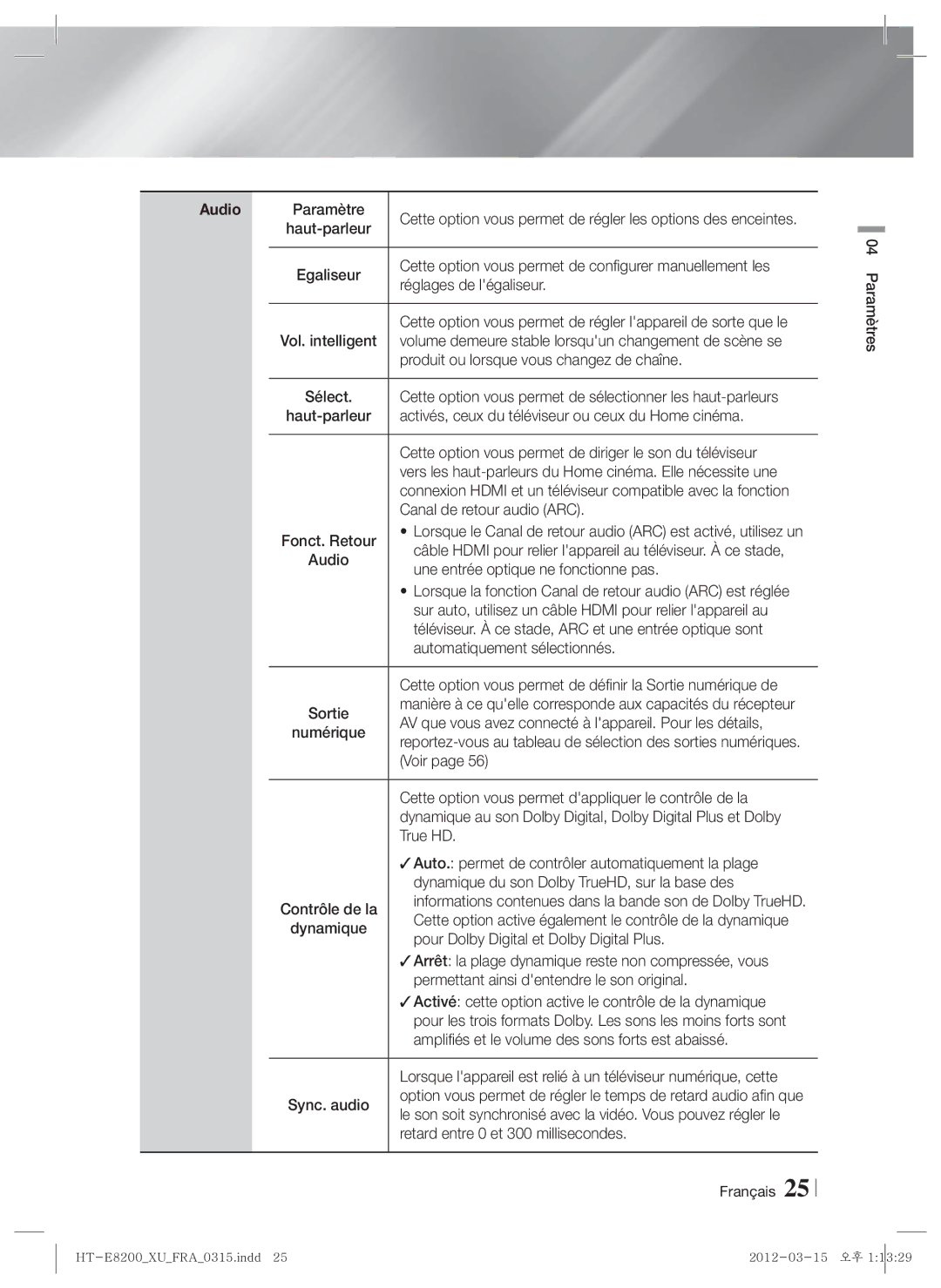 Samsung HT-E8200/ZF Paramètre, Cette option vous permet de configurer manuellement les, Réglages de légaliseur, Sortie 