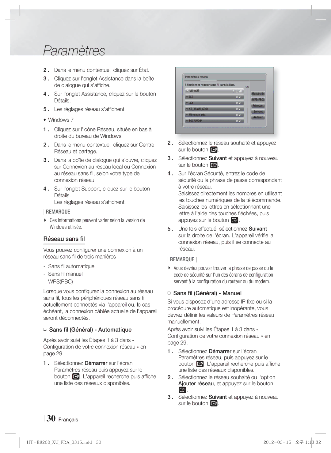 Samsung HT-E8200/XE, HT-E8200/XN, HT-E8200/EN, HT-E8200/ZF manual Réseau sans fil, Wpspbc 