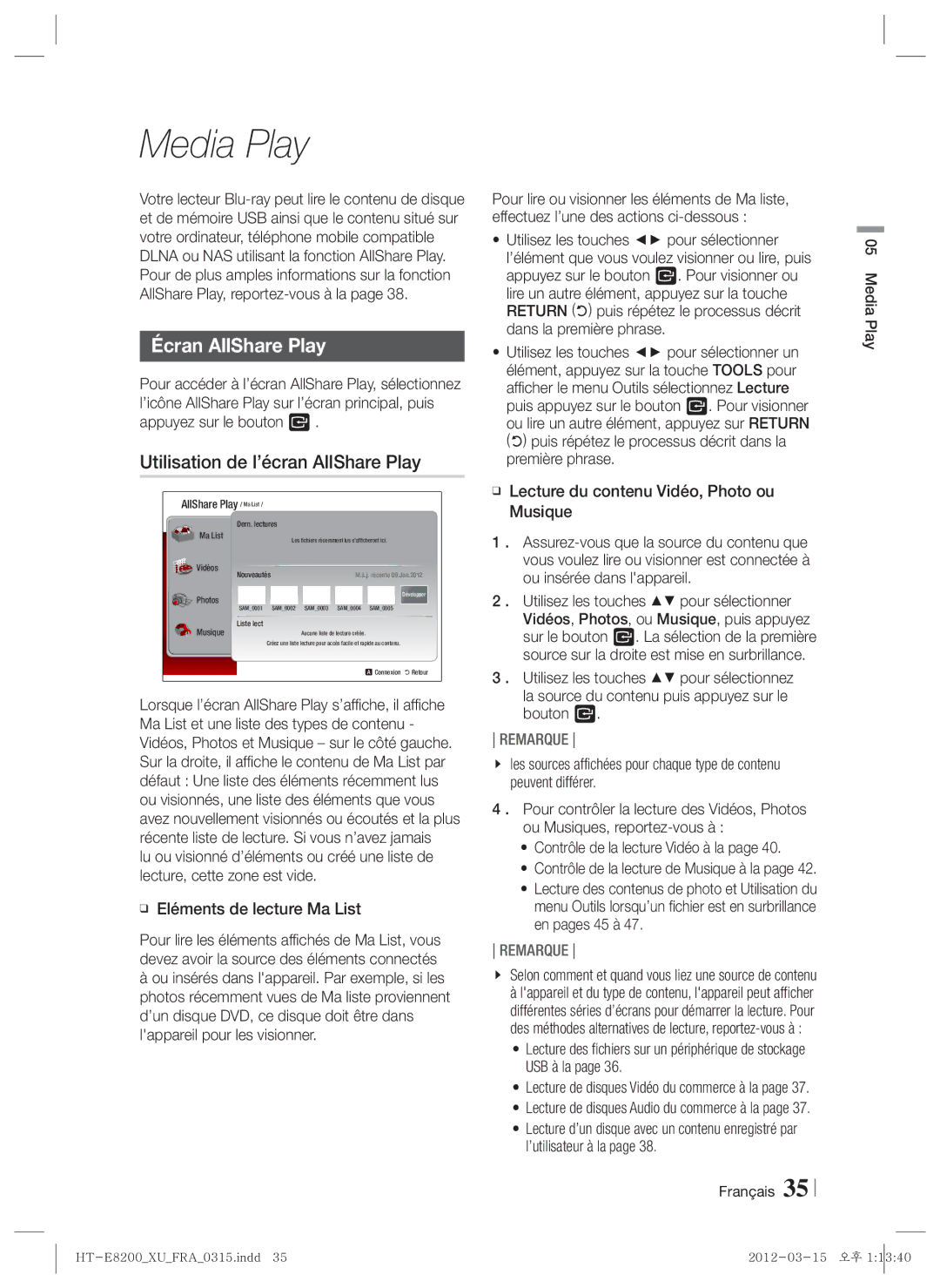 Samsung HT-E8200/XN, HT-E8200/EN, HT-E8200/ZF, HT-E8200/XE manual Écran AllShare Play, Utilisation de l’écran AllShare Play 