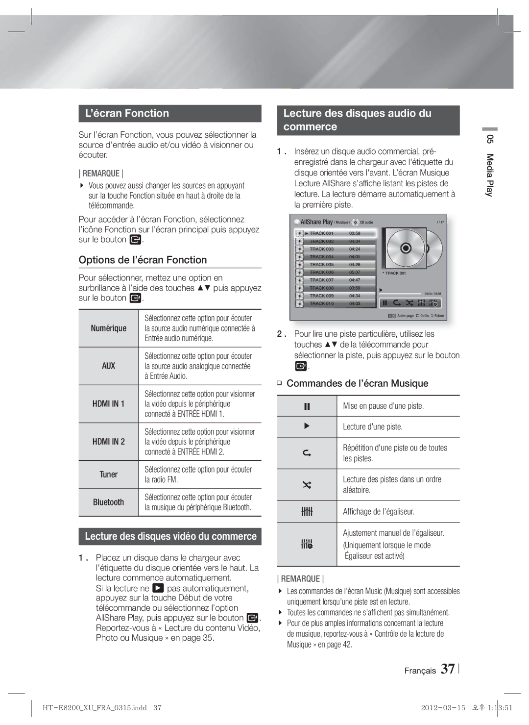 Samsung HT-E8200/ZF Options de l’écran Fonction, Lecture des disques audio du Commerce, Commandes de l’écran Musique 