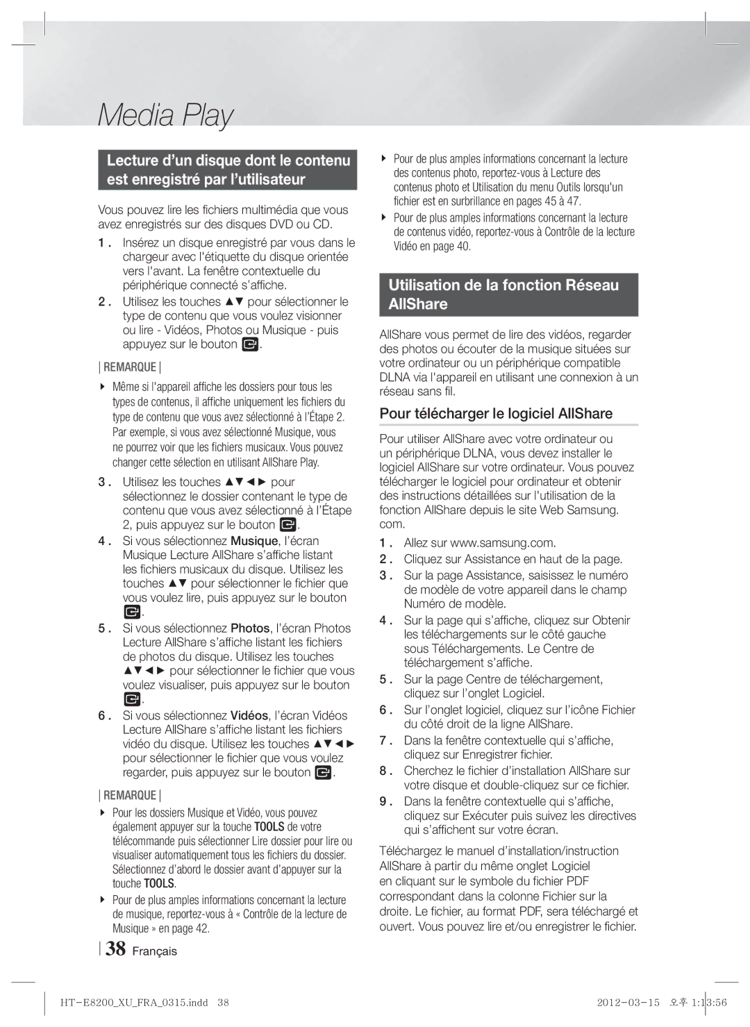 Samsung HT-E8200/XE, HT-E8200/XN manual Utilisation de la fonction Réseau AllShare, Pour télécharger le logiciel AllShare 