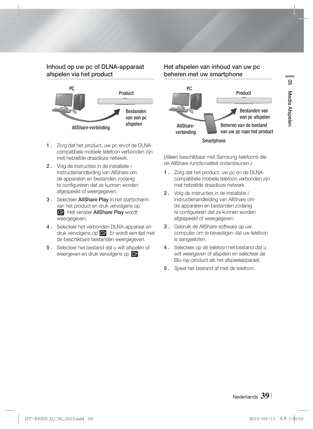 Samsung HT-E8200/EN, HT-E8200/XN manual Inhoud op uw pc of DLNA-apparaat, Afspelen via het product Beheren met uw smartphone 